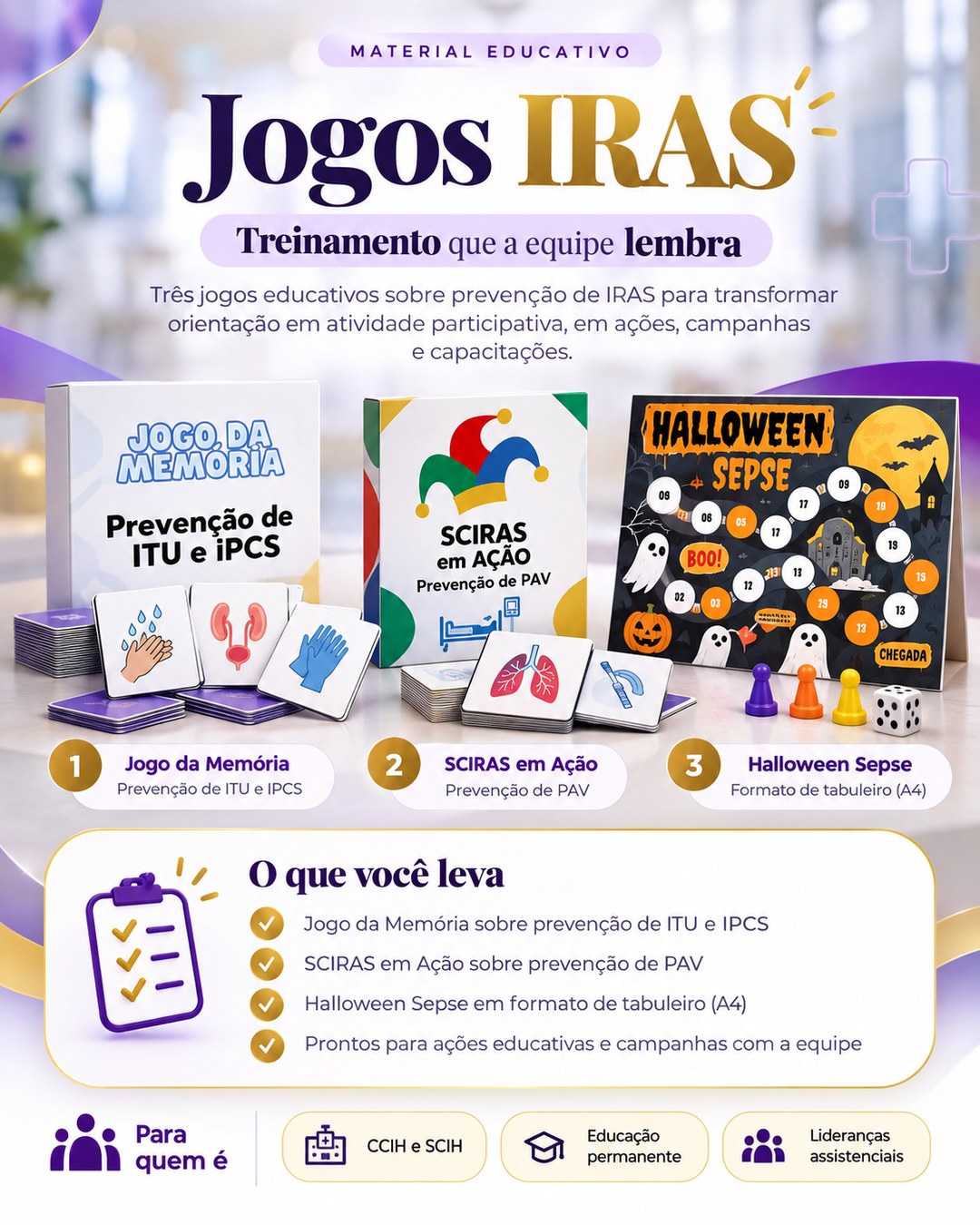 Capa dos Jogos IRAS com as caixas do Jogo da Memória e do SCIRAS em Ação e o tabuleiro Halloween Sepse
